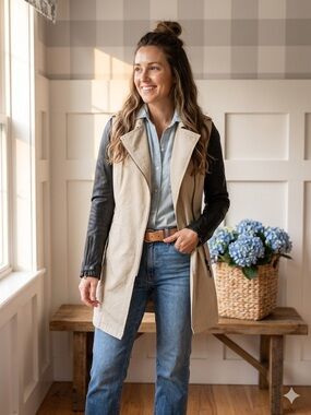 RUDSAK Beige Trench with Black Leather Sleeves XS